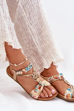 Artiker Sandały Płaskie*Sandały Damskie Płaskie Z Plecionymi Paskiem I Ozdobą 56C1316 Złote Złoty