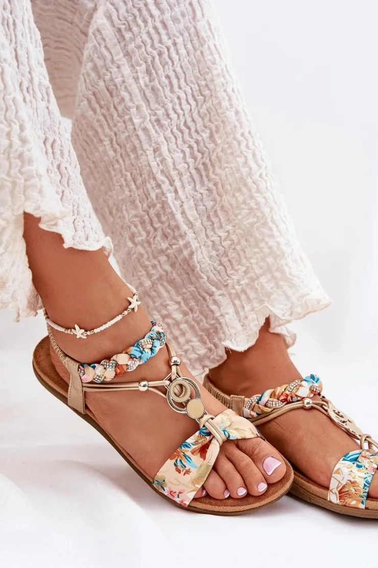 Artiker Sandały Płaskie*Sandały Damskie Płaskie Z Plecionymi Paskiem I Ozdobą 56C1316 Złote Złoty