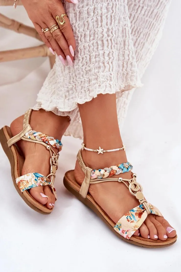 Artiker Sandały Płaskie*Sandały Damskie Płaskie Z Plecionymi Paskiem I Ozdobą 56C1316 Złote Złoty