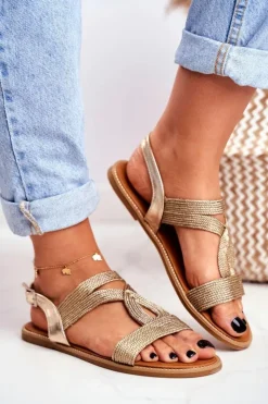 Best Boto Sandały Damskie Płaskie Złote Rachel