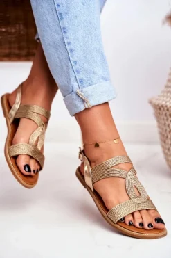 Best Boto Sandały Damskie Płaskie Złote Rachel