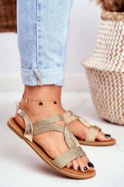 Best Boto Sandały Damskie Płaskie Złote Rachel