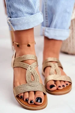 Best Boto Sandały Damskie Płaskie Złote Rachel