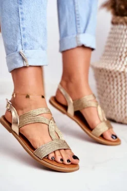 Best Boto Sandały Damskie Płaskie Złote Rachel