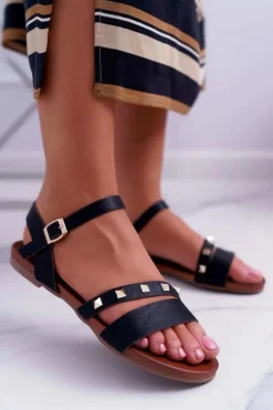 Damskie Damskie buty S.Barski Sandały Damskie Płaskie Złote Ćwieki Czarne Raven