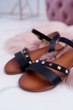 Damskie Damskie buty S.Barski Sandały Damskie Płaskie Złote Ćwieki Czarne Raven