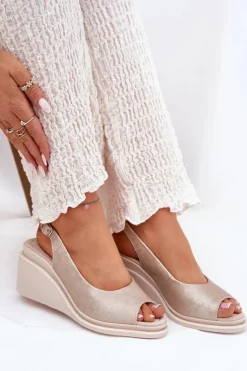 Damskie buty S.Barski Sandały Na Koturnie*Sandały Damskie Skórzane Na Koturnie S.Barski LR51-539 Złote