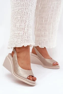 Damskie buty S.Barski Sandały Na Koturnie*Sandały Damskie Skórzane Na Koturnie S.Barski LR51-539 Złote