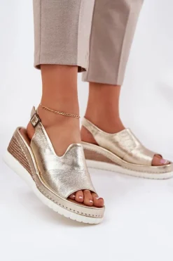 Best Artiker Sandały Damskie Skórzane Na Koturnie 56C0920 Złote Złoty