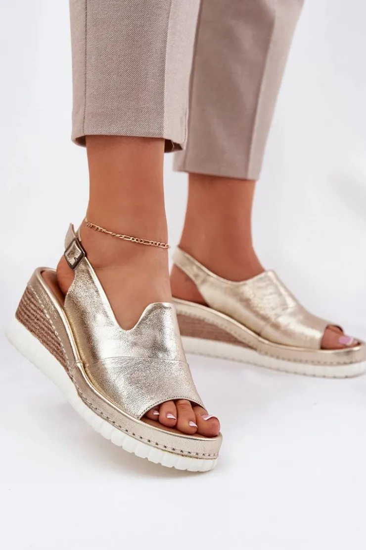 Best Artiker Sandały Damskie Skórzane Na Koturnie 56C0920 Złote Złoty