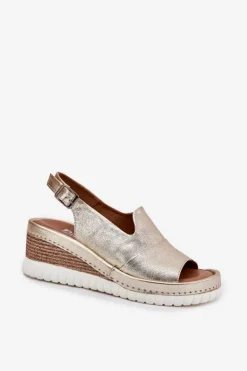 Best Artiker Sandały Damskie Skórzane Na Koturnie 56C0920 Złote Złoty