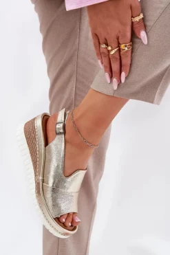 Best Artiker Sandały Damskie Skórzane Na Koturnie 56C0920 Złote Złoty