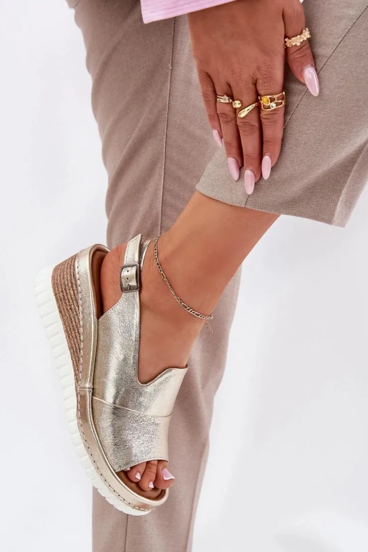 Best Artiker Sandały Damskie Skórzane Na Koturnie 56C0920 Złote Złoty