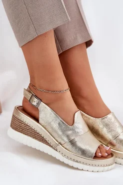 Best Artiker Sandały Damskie Skórzane Na Koturnie 56C0920 Złote Złoty