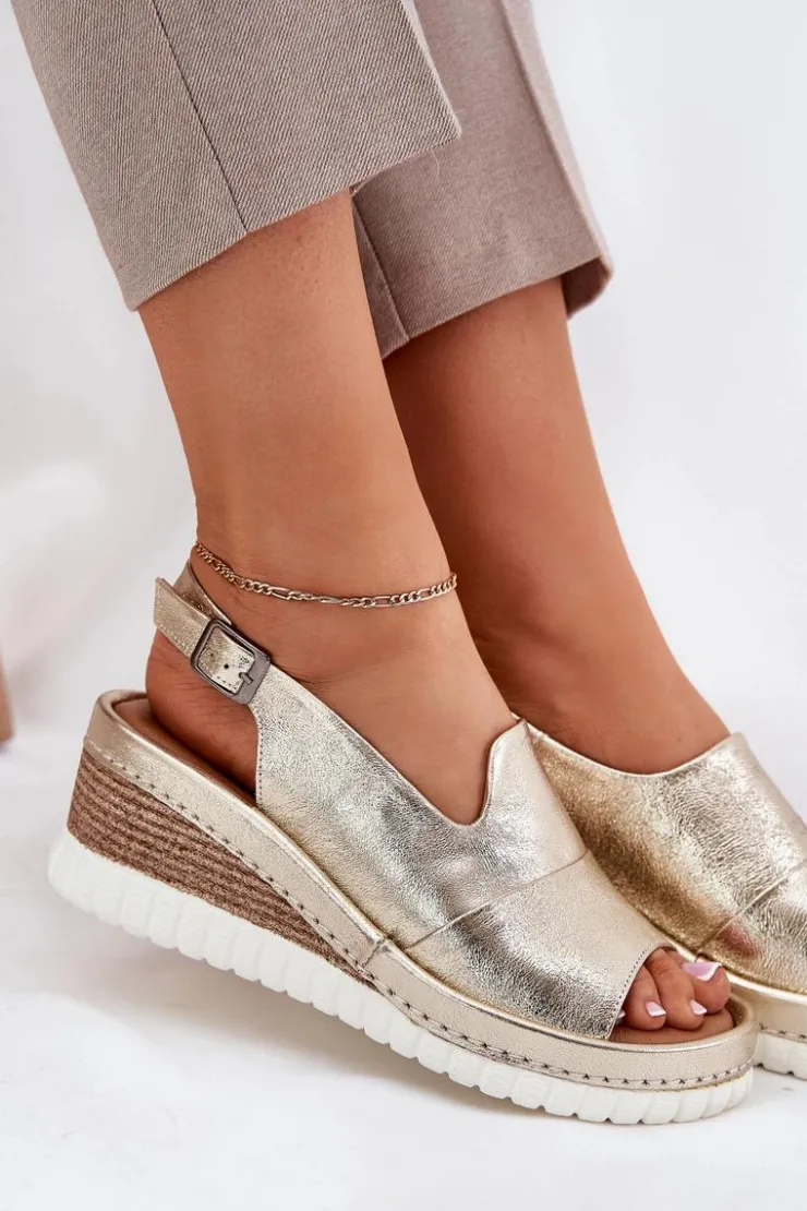 Best Artiker Sandały Damskie Skórzane Na Koturnie 56C0920 Złote Złoty