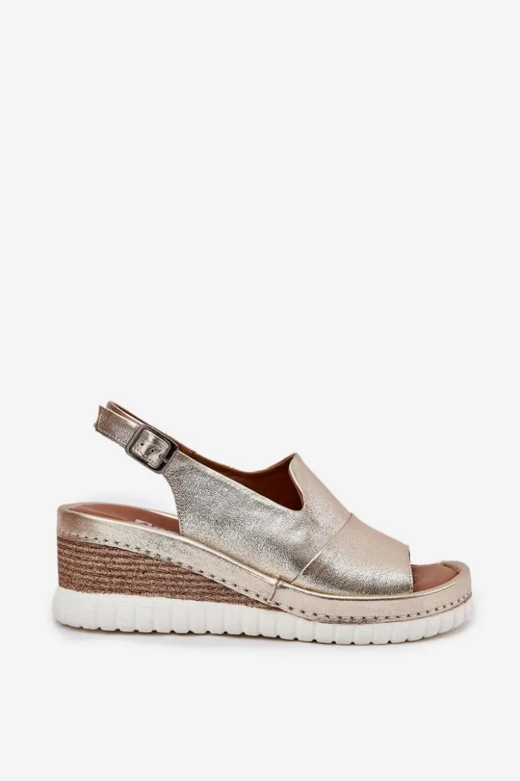 Best Artiker Sandały Damskie Skórzane Na Koturnie 56C0920 Złote Złoty