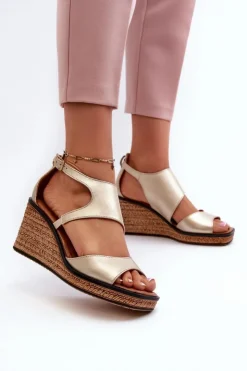 Damskie Maciejka Sandały Damskie Skórzane Na Koturnie 06657-25 Złote