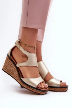 Damskie Maciejka Sandały Damskie Skórzane Na Koturnie 06657-25 Złote