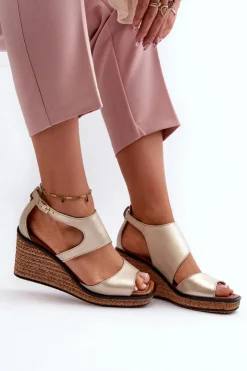 Damskie Maciejka Sandały Damskie Skórzane Na Koturnie 06657-25 Złote