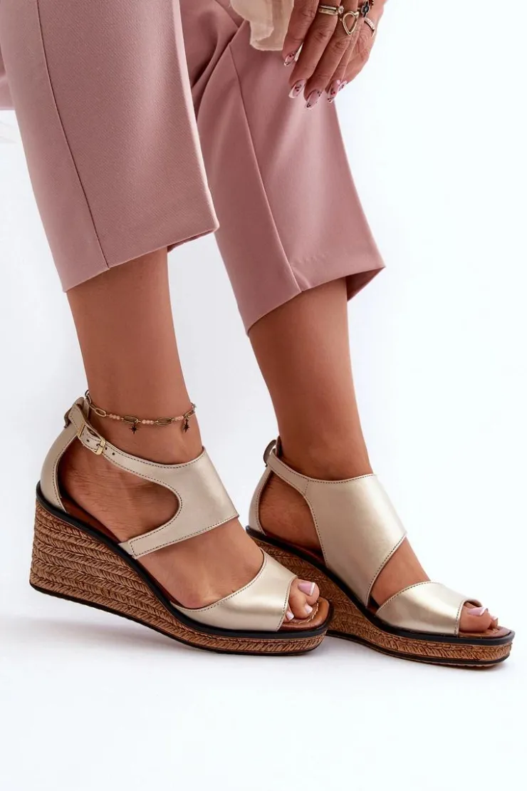 Damskie Maciejka Sandały Damskie Skórzane Na Koturnie 06657-25 Złote