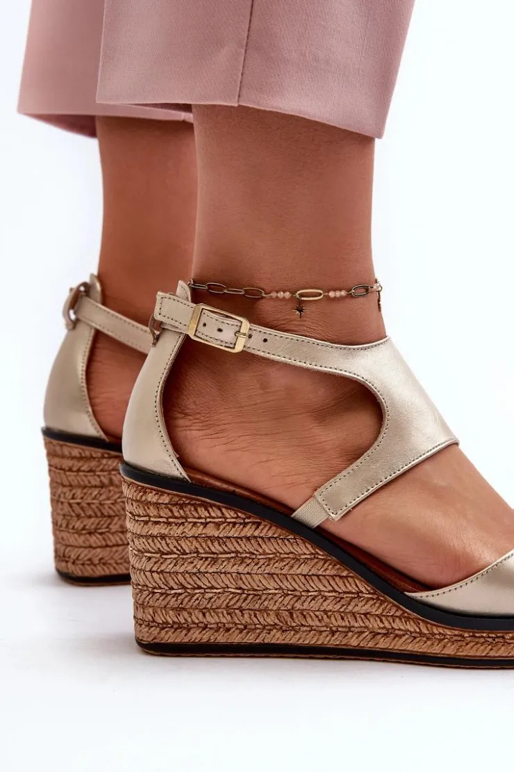 Damskie Maciejka Sandały Damskie Skórzane Na Koturnie 06657-25 Złote