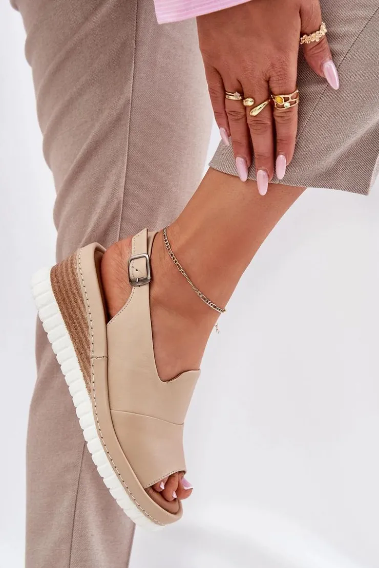 Damskie Artiker Sandały Damskie Skórzane Na Koturnie 56C0919 Beżowe