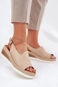 Damskie Artiker Sandały Damskie Skórzane Na Koturnie 56C0919 Beżowe