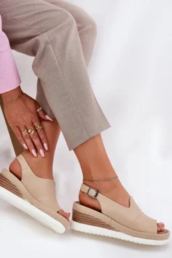 Damskie Artiker Sandały Damskie Skórzane Na Koturnie 56C0919 Beżowe