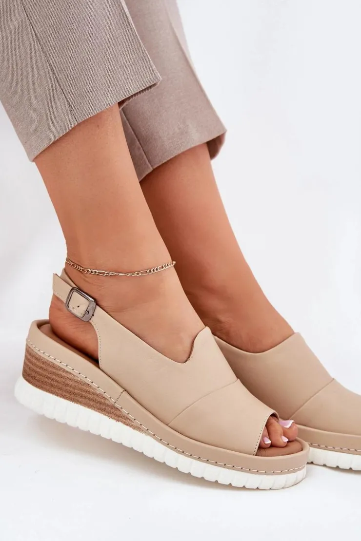 Damskie Artiker Sandały Damskie Skórzane Na Koturnie 56C0919 Beżowe