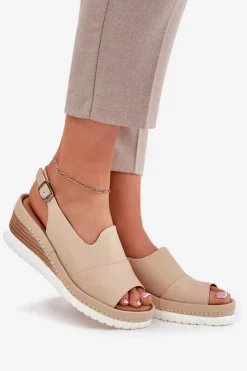 Damskie Artiker Sandały Damskie Skórzane Na Koturnie 56C0919 Beżowe