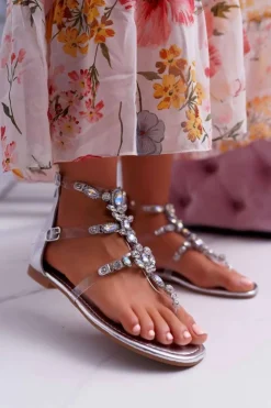 Damskie Boto Sandały Damskie Srebrne z Kryształkami Ywena