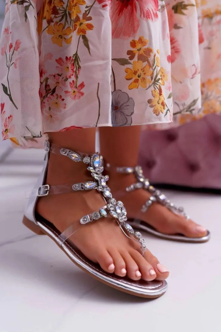 Damskie Boto Sandały Damskie Srebrne z Kryształkami Ywena