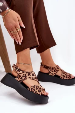Damskie Boto Sandały Damskie W Panterkę Na Platformie Eko Zamszowe Brązowe Karonia