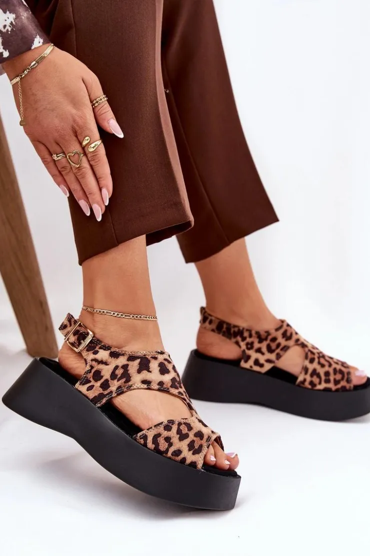 Damskie Boto Sandały Damskie W Panterkę Na Platformie Eko Zamszowe Brązowe Karonia