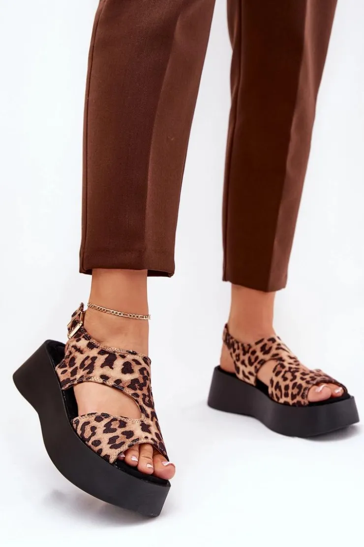 Damskie Boto Sandały Damskie W Panterkę Na Platformie Eko Zamszowe Brązowe Karonia