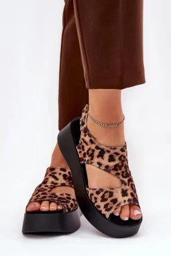 Damskie Boto Sandały Damskie W Panterkę Na Platformie Eko Zamszowe Brązowe Karonia