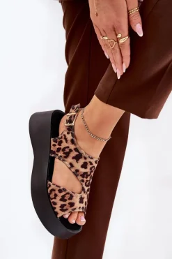 Damskie Boto Sandały Damskie W Panterkę Na Platformie Eko Zamszowe Brązowe Karonia