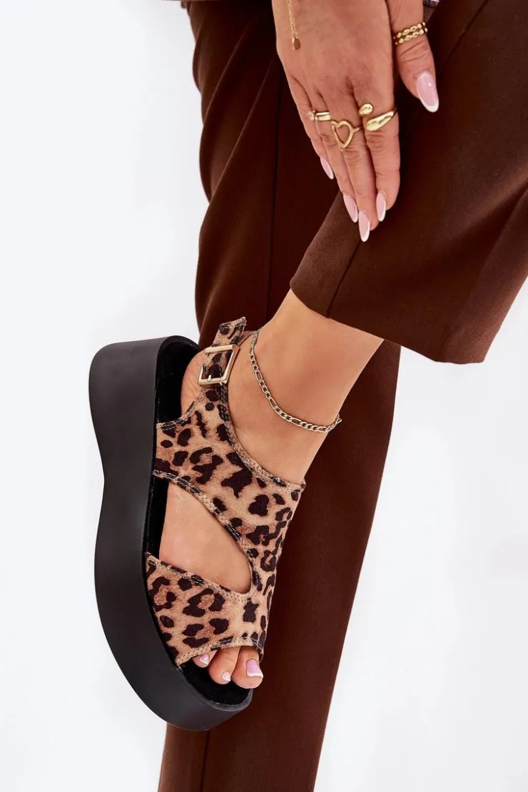 Damskie Boto Sandały Damskie W Panterkę Na Platformie Eko Zamszowe Brązowe Karonia