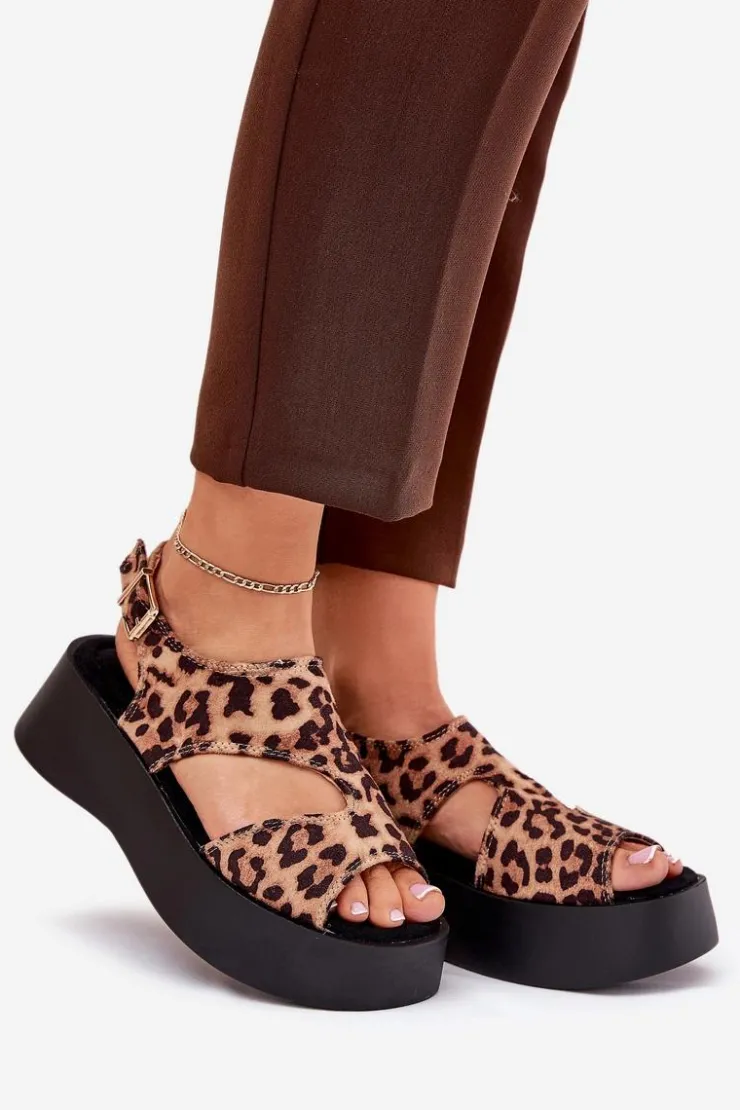 Damskie Boto Sandały Damskie W Panterkę Na Platformie Eko Zamszowe Brązowe Karonia