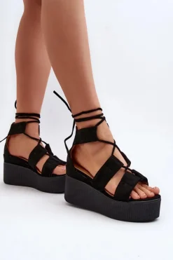 Clearance Boto Sandały Damskie Wiązane Czarne Helavi