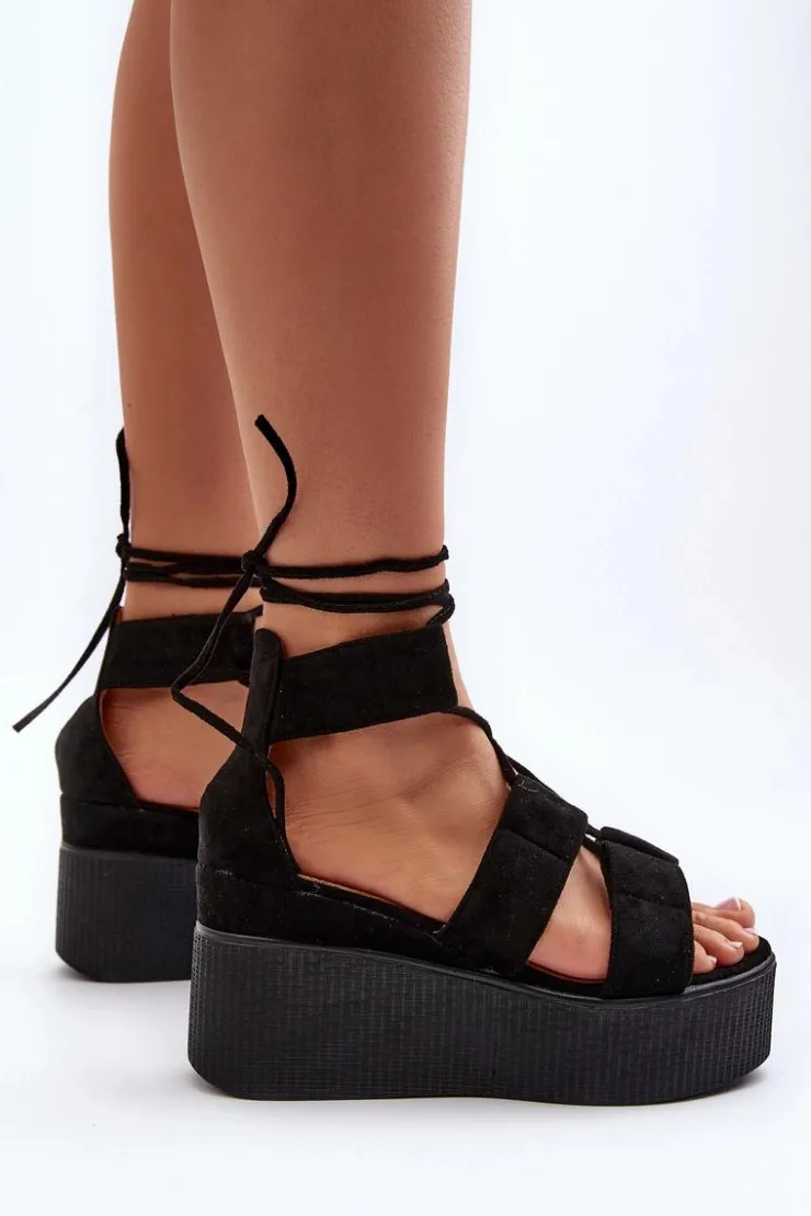 Clearance Boto Sandały Damskie Wiązane Czarne Helavi