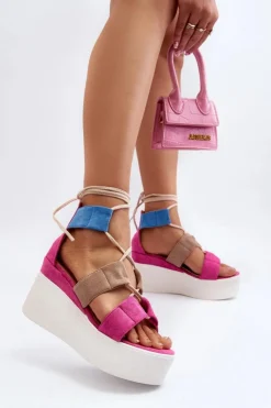 Boto Sandały Na Koturnie*Sandały Damskie Wiązane Fuksja Helavi