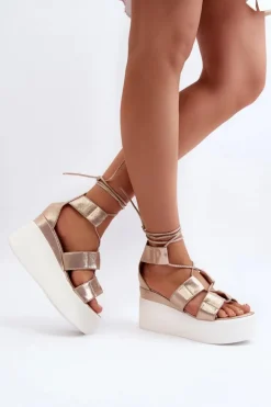 Boto Sandały Na Koturnie*Sandały Damskie Wiązane Złote Helavi