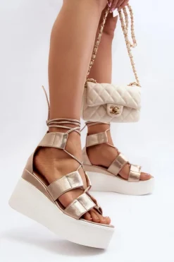 Boto Sandały Na Koturnie*Sandały Damskie Wiązane Złote Helavi