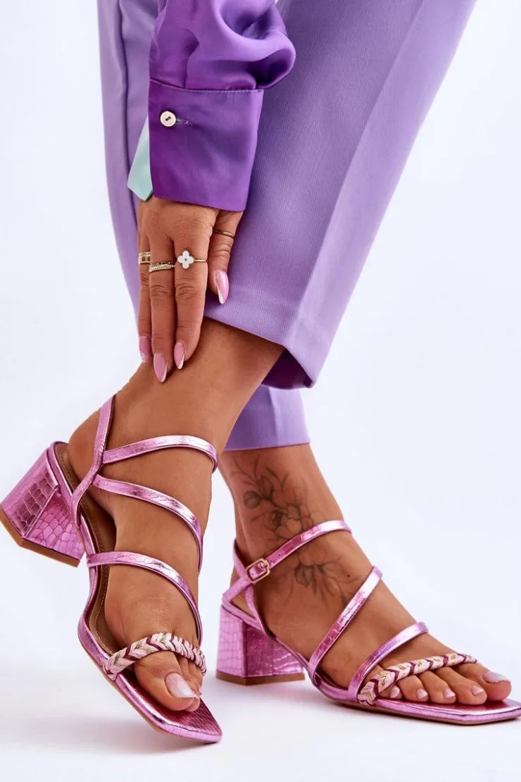 Boto Sandały Na Obcasie*Sandały Damskie Wzór Skóry Węża Fioletowe Amorio