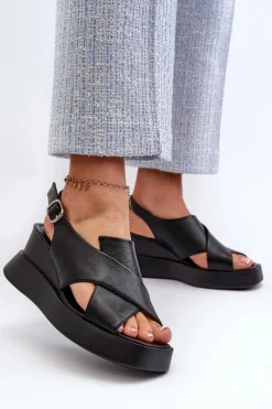 Damskie Boto Sandały Damskie Z Eko Skóry Na Platformie I Koturnie Czarne Vaiara