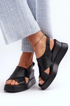 Damskie Boto Sandały Damskie Z Eko Skóry Na Platformie I Koturnie Czarne Vaiara