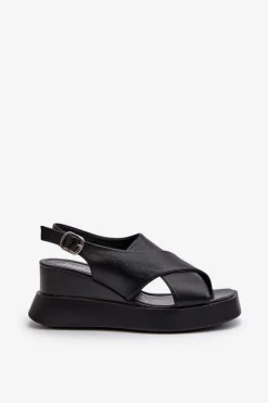 Damskie Boto Sandały Damskie Z Eko Skóry Na Platformie I Koturnie Czarne Vaiara