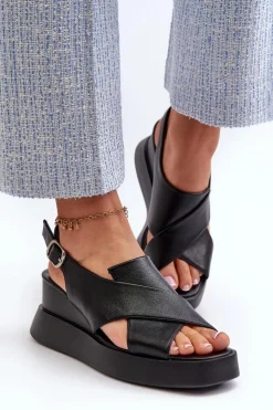 Damskie Boto Sandały Damskie Z Eko Skóry Na Platformie I Koturnie Czarne Vaiara