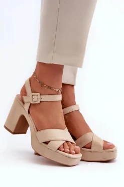 Damskie Boto Sandały Damskie Z Eko Zamszu Na Słupku I Platformie Jasnobeżowe Sakane